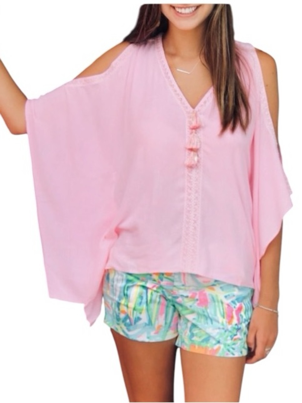 Lilly Pulitzer Julietta Cold Shoulder Caftan Top Paradise Pink Blouse S/M $128